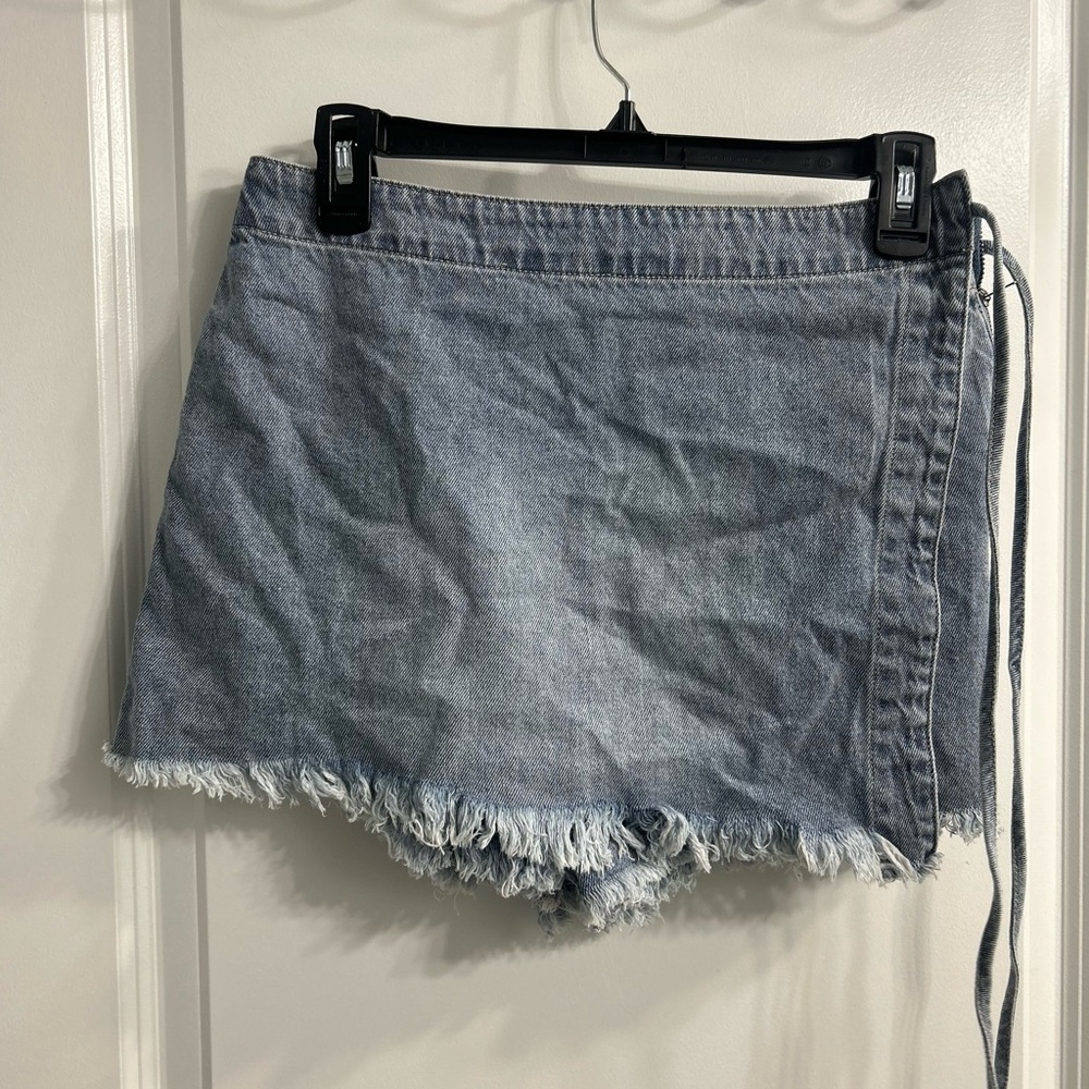 Denim Wrap Skirt with Frayed Hem